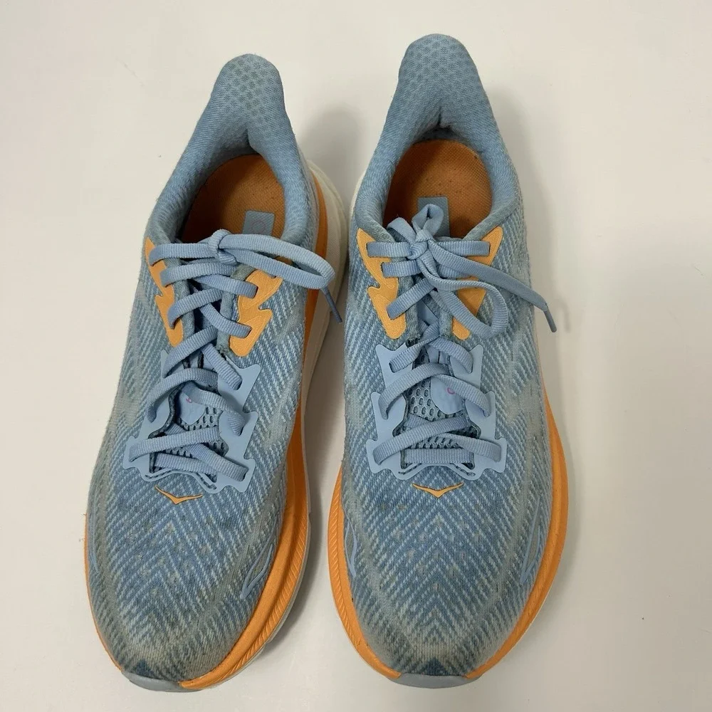 HOKA Clifton 9 Women's Running Shoes 7.5B Blue Orange Cushioned Road Trainers